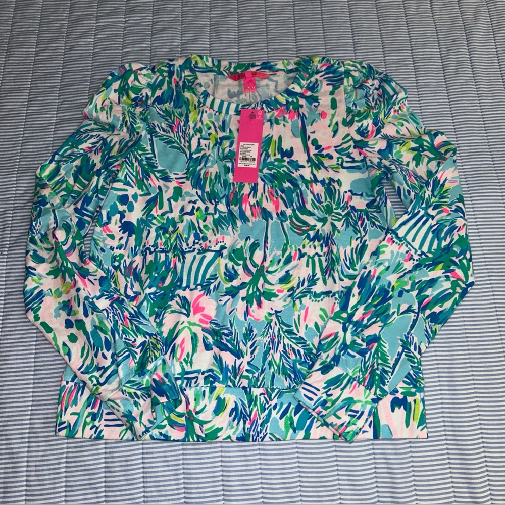 Lilly Pulitzer Jansen Sweatshirt Blue Ibiza Cabana Cocktail Print Size XS